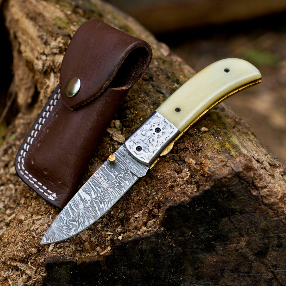 LunarLoom hand forged Damascus folding knife with leather sheath