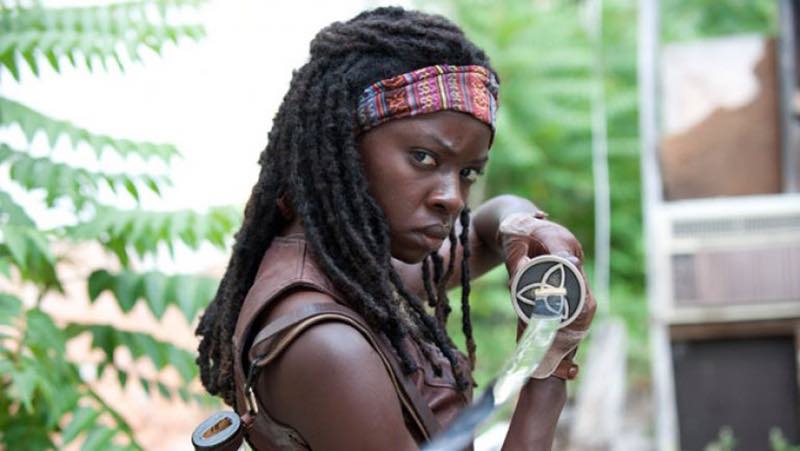The Walking Dead Michonne katana replica with tribal-patterned blade and leather scabbard