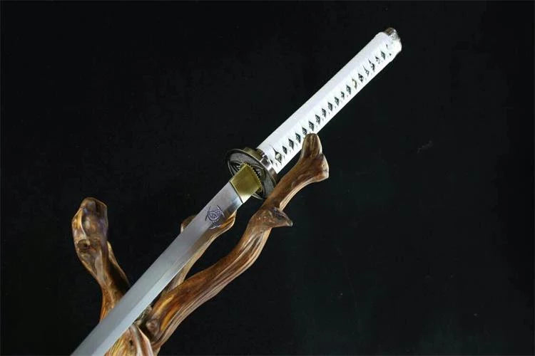 The Walking Dead Michonne katana replica with tribal-patterned blade and leather scabbard