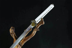 The Walking Dead Michonne katana replica with tribal-patterned blade and leather scabbard