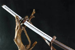 The Walking Dead Michonne katana replica with tribal-patterned blade and leather scabbard