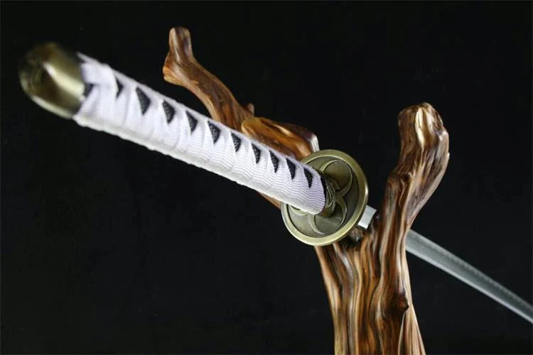 The Walking Dead Michonne katana replica with tribal-patterned blade and leather scabbard