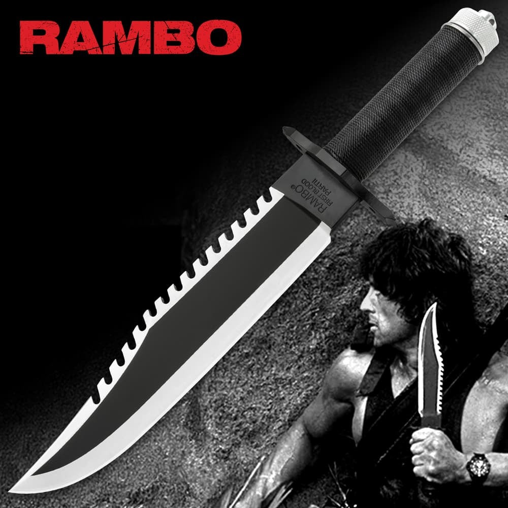 John Rambo survival knife replica with black blade and leather sheath
