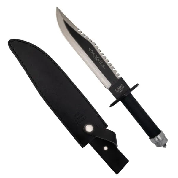 John Rambo survival knife replica with black blade and leather sheath