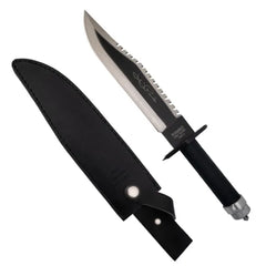 John Rambo survival knife replica with black blade and leather sheath