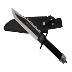 John Rambo survival knife replica with black blade and leather sheath