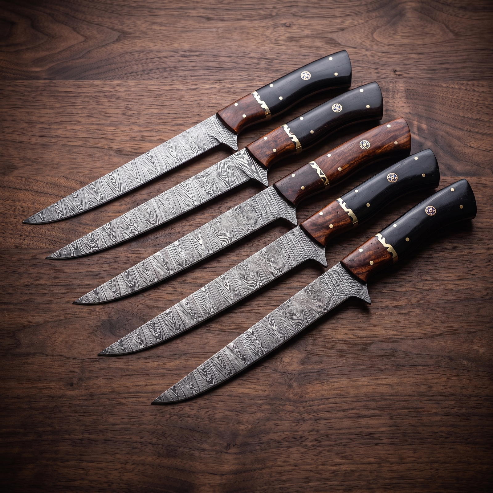 Titan Spear Damascus dagger knife with rose wood handle and leather sheath