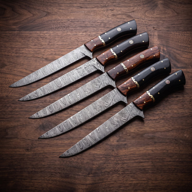 Titan Spear Damascus dagger knife with rose wood handle and leather sheath