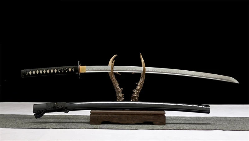 The Last Samurai Algren katana replica with Damascus blade and black ray skin handle